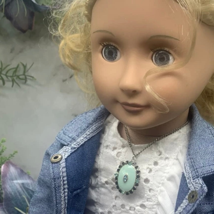Oval Turquoise Green Locket Rhinestone Detail Doll Necklace • 18” Doll Jewelry