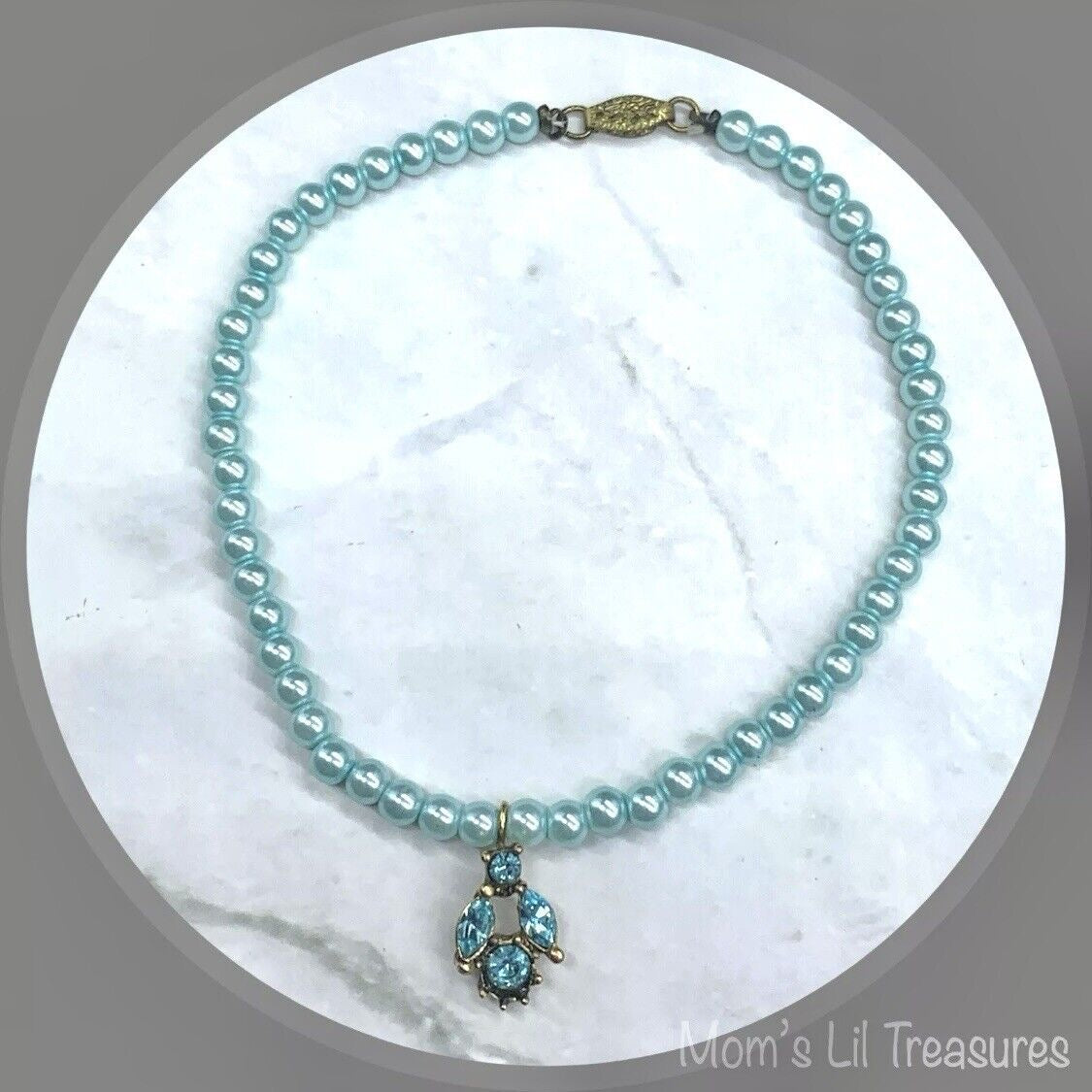 Turquoise Pearl Rhinestone Pendant Doll Necklace Earring Set • 18” Doll Jewelry
