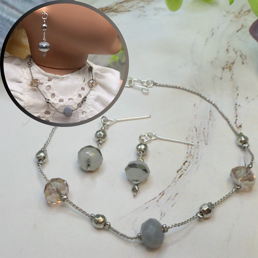 Gray Metallic Glass Crystal Beaded Silver Chain Doll Necklace• 18 Inch Fashion Doll Jewelry
