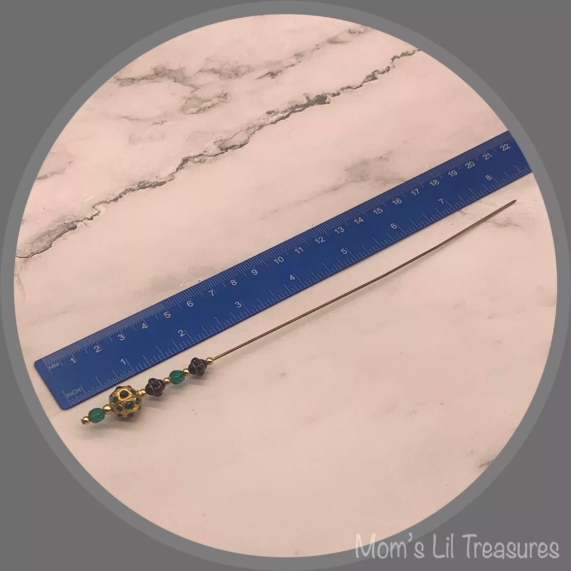 Green Glass Crystal Gold Ball Rhinestone Accents - 8” • Hatpin - Stick Pin
