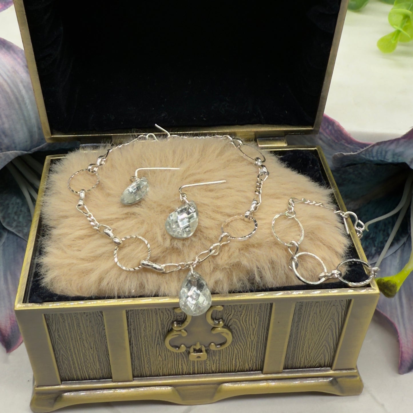 Clear Rhinestone Teardrop Doll Necklace Earring Bracelet Set 18” Doll Jewelry