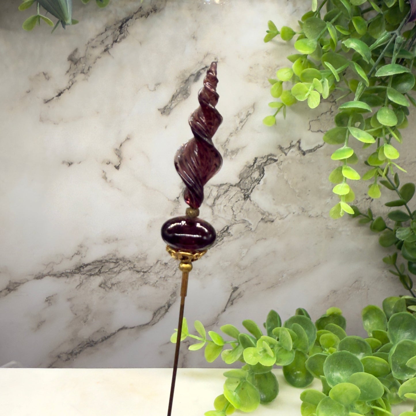 Purple Glass Spiral Design & Gold Filigree Accent • 7.25” Pin Hatpin - Stick Pin