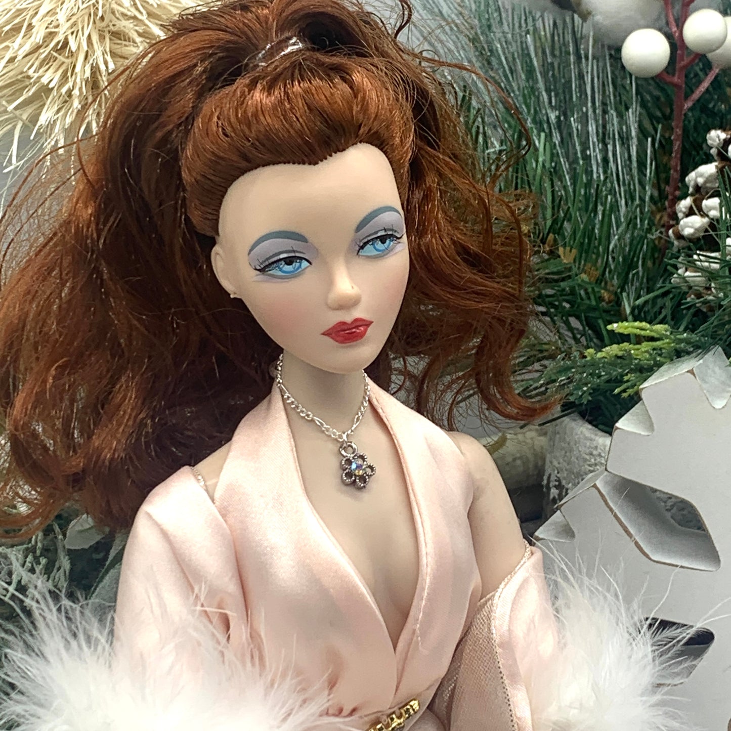 AB Rhinestone Flower Pendant Silver Chain Doll Necklace • 16 Inch Doll Jewelry