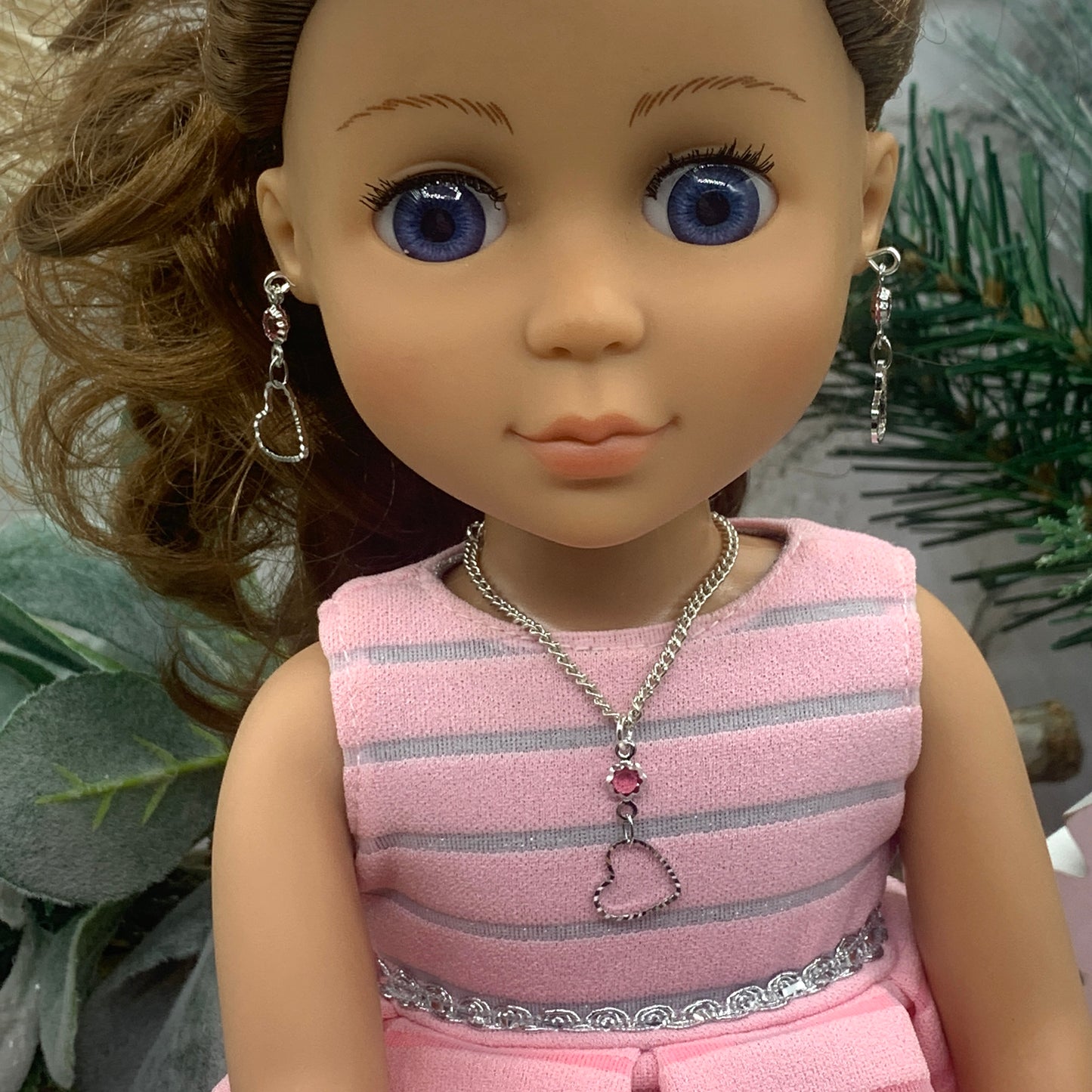 Silver Heart Pink Crystal Silver Doll Necklace Earring Set for 14” Wellie Wisher