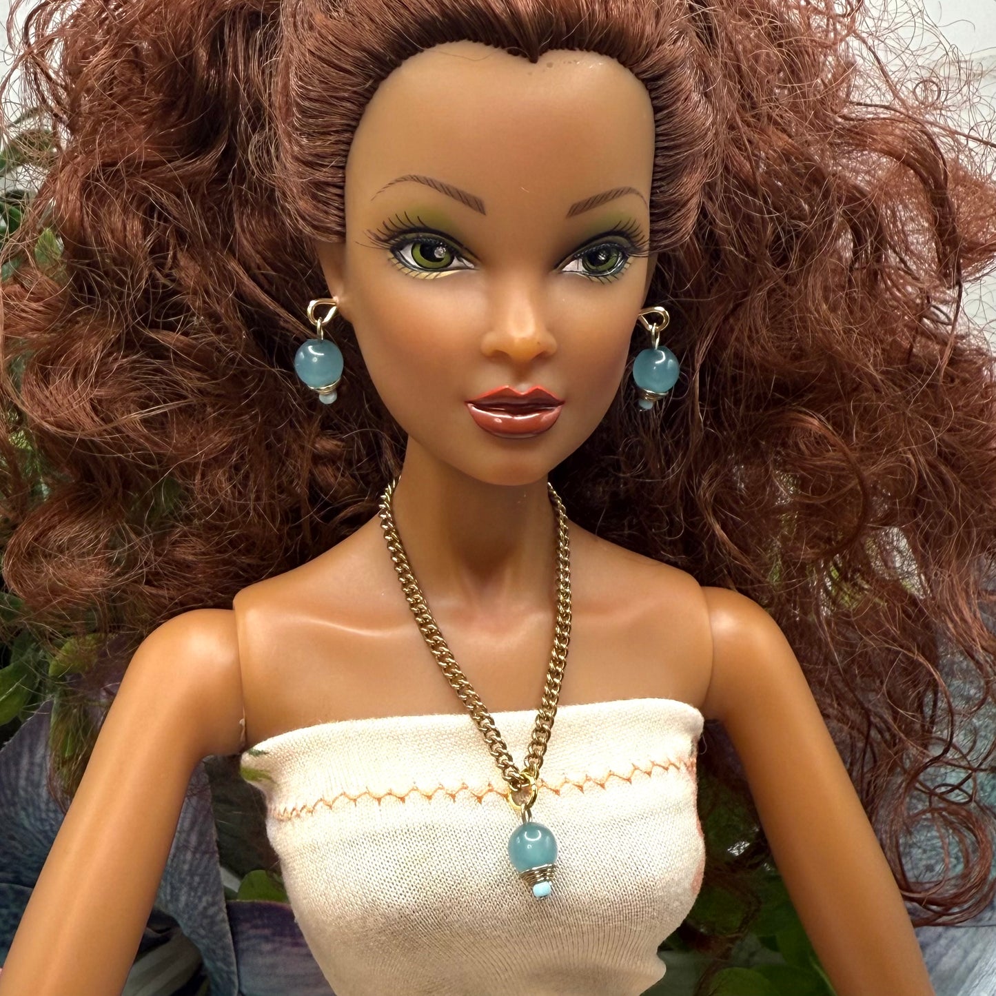 Blue Drop Dangle Gold Chain Doll Necklace & Earrings Set • 16 Inch Fashion Doll Jewelry •