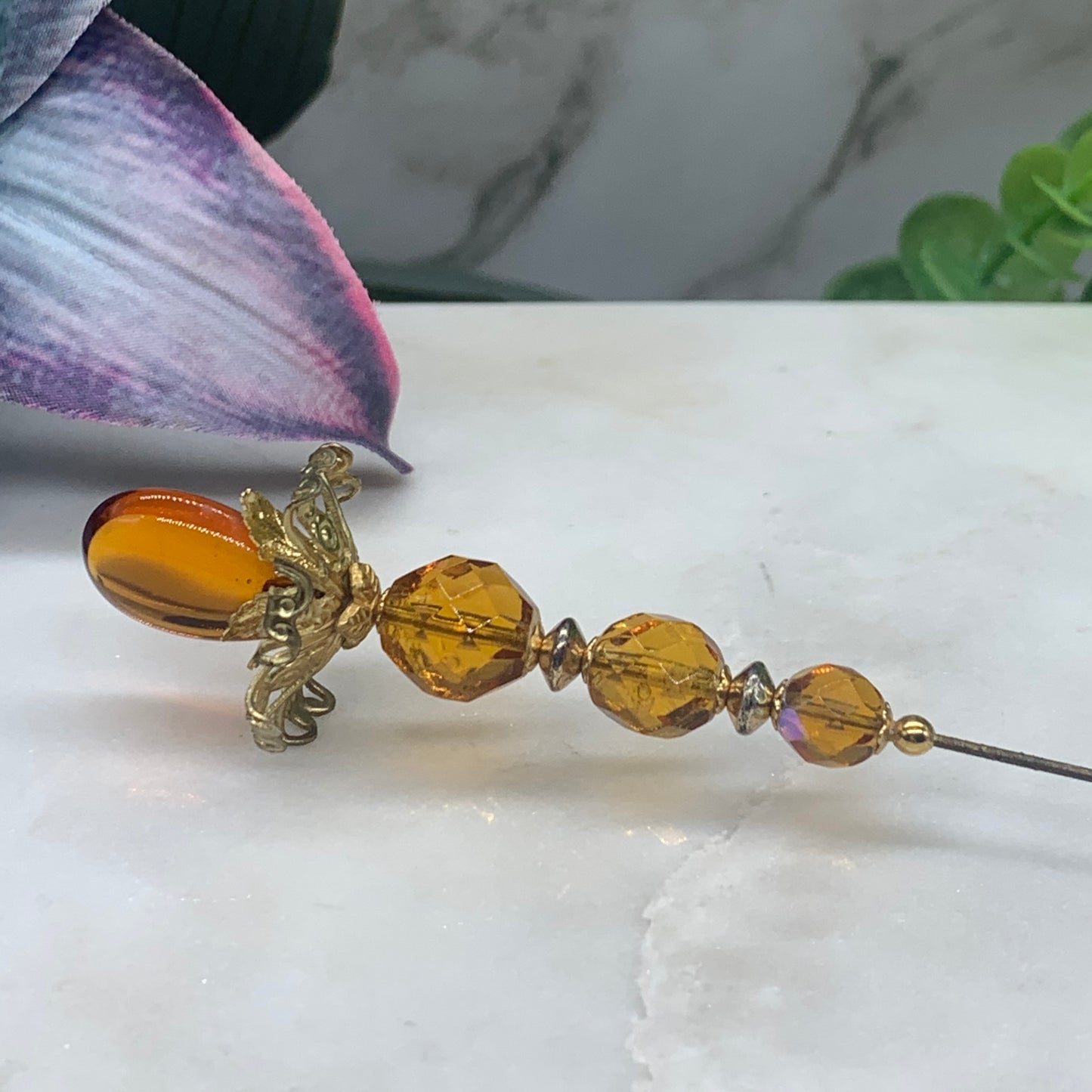 Gold yellow Amber Color Crystal Flower Design 8.5” Pin • Hatpin - Stick Pin