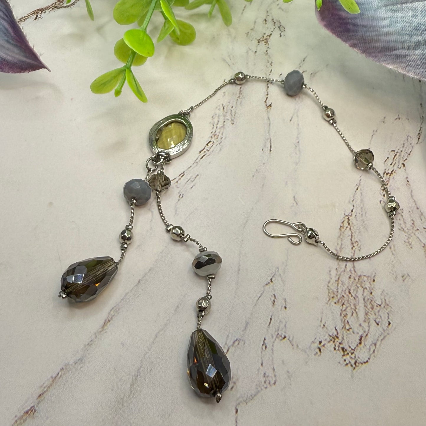 Gray Metallic Glass Crystal Dangle Silver Chain • Car Mirror Charm / Sun Catcher