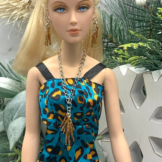 Brown Amber Glass Bead Tassel Style Doll Necklace Earring Set • 16” Doll Jewelry