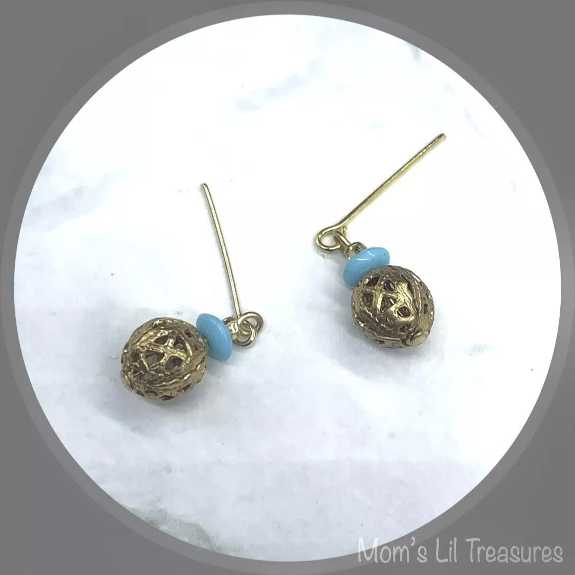 Blue Glass Gold Filigree Ball Dangle Doll Earrings • 18” Fashion Doll Jewelry