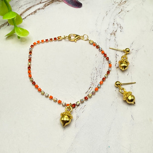 Gold Acorn Harvest Autumn Charm Fall Colors Rhinestone Doll Necklace & Earrings Set | for 18 Inch Fashion Doll