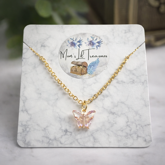 Light Pink Iridescent Acrylic Butterfly Charm Gold Doll Necklace for 16 Inch Fashion Dolls