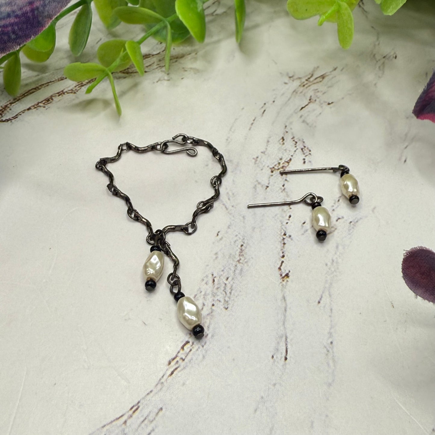 Black Chain Pearl Dangle Doll Necklace & Earrings Set • 16 Inch Fashion Doll Jewelry