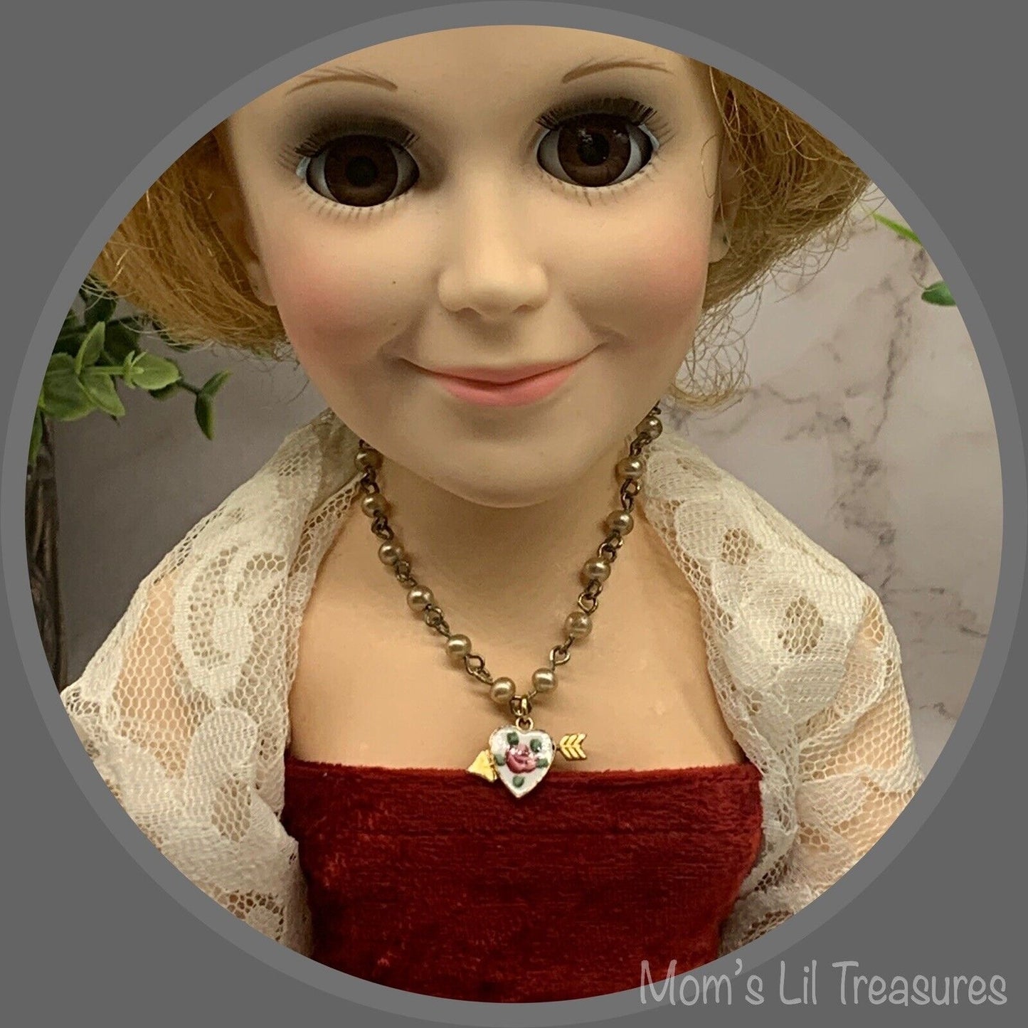 White Enamel Heart Rose Pendant Pearl Necklace• Jewelry for 18-22” Vintage Dolls