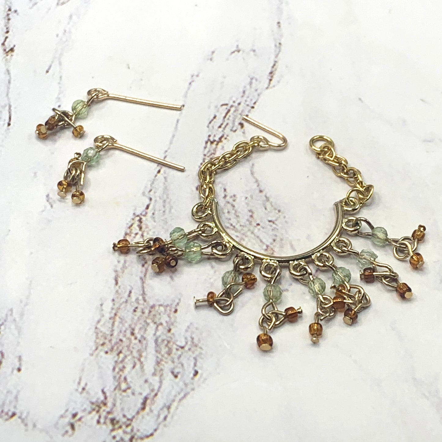 Light Green Brown Glass Dangle Doll Necklace Earrings Set • 16” Doll Jewelry