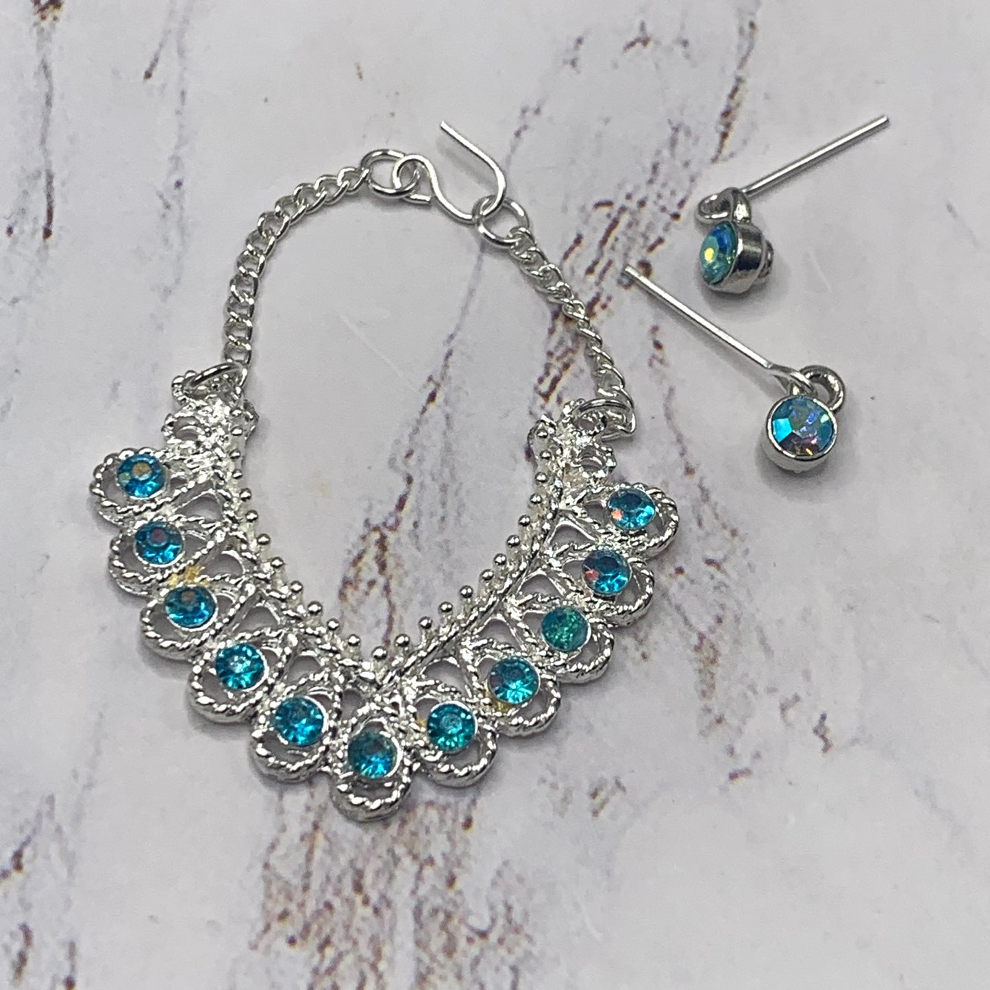 Turquoise Rhinestone Silver Collar Doll Necklace Earring Set • 16” Doll Jewelry