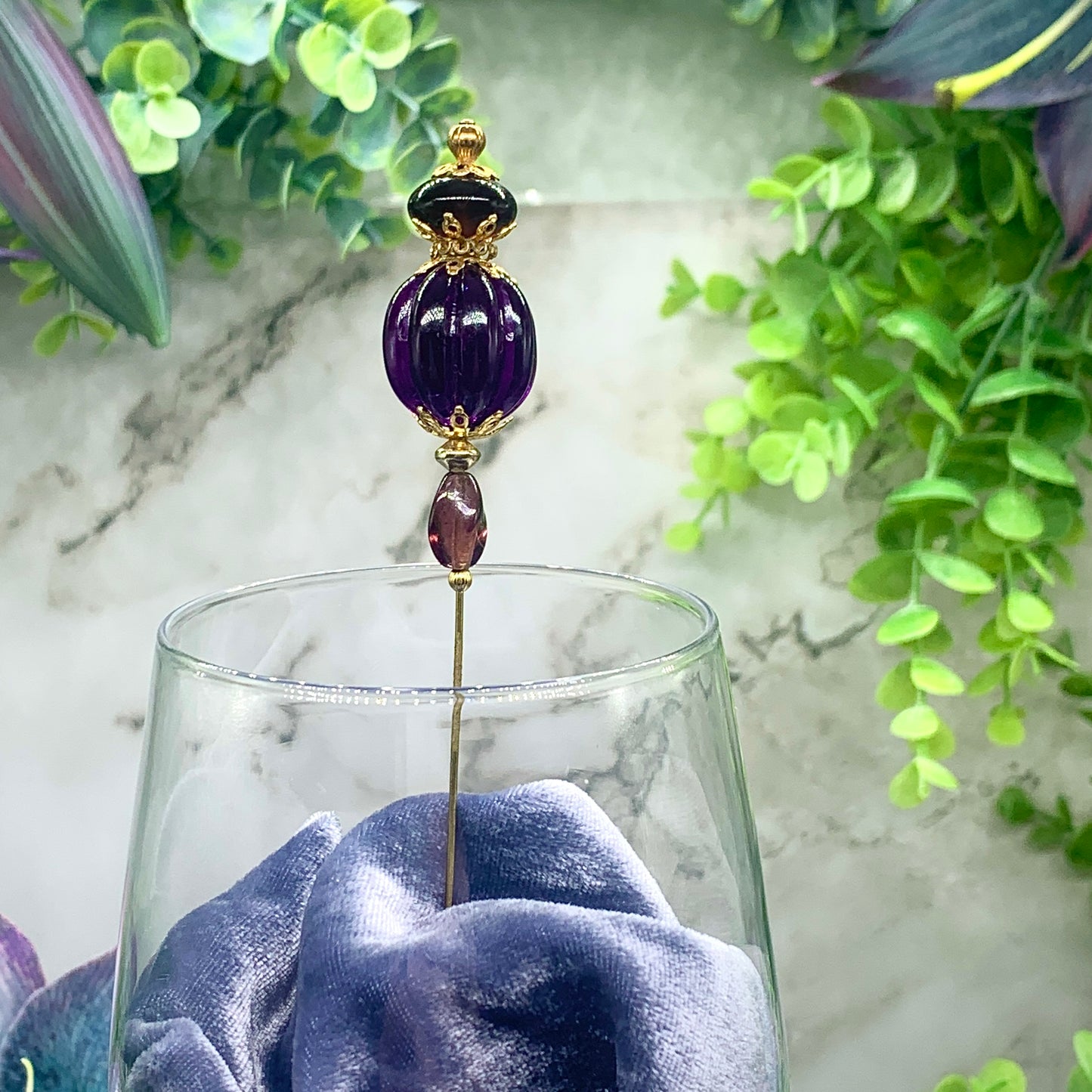 Purple Acrylic Ribbed Spiral Design Gold Filigree • 6” Hatpin - Stick Pin