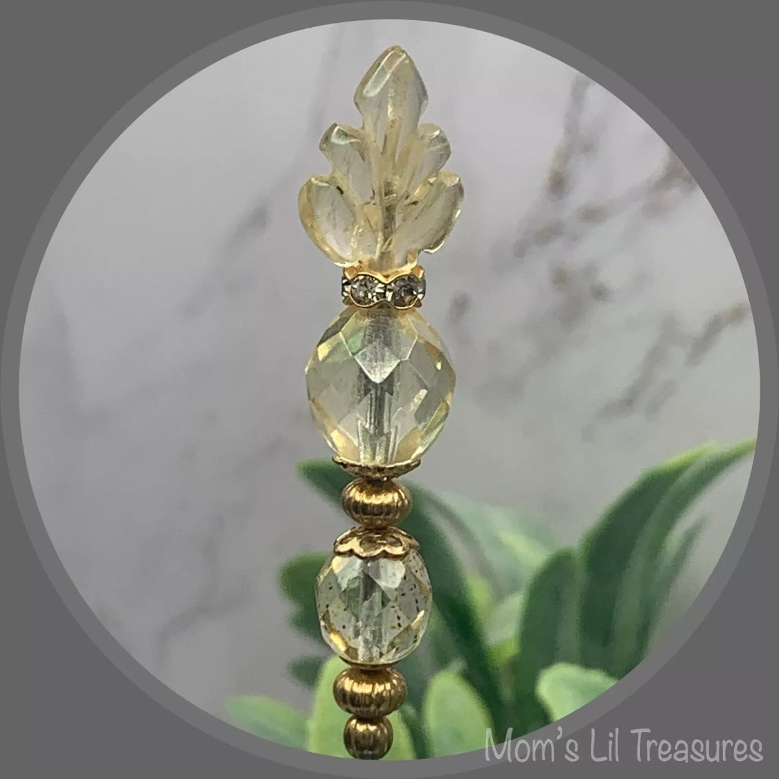 Light Yellow Glass Leaf Crystal Beaded - 6.25” Pin • Hatpin - Stick Pin