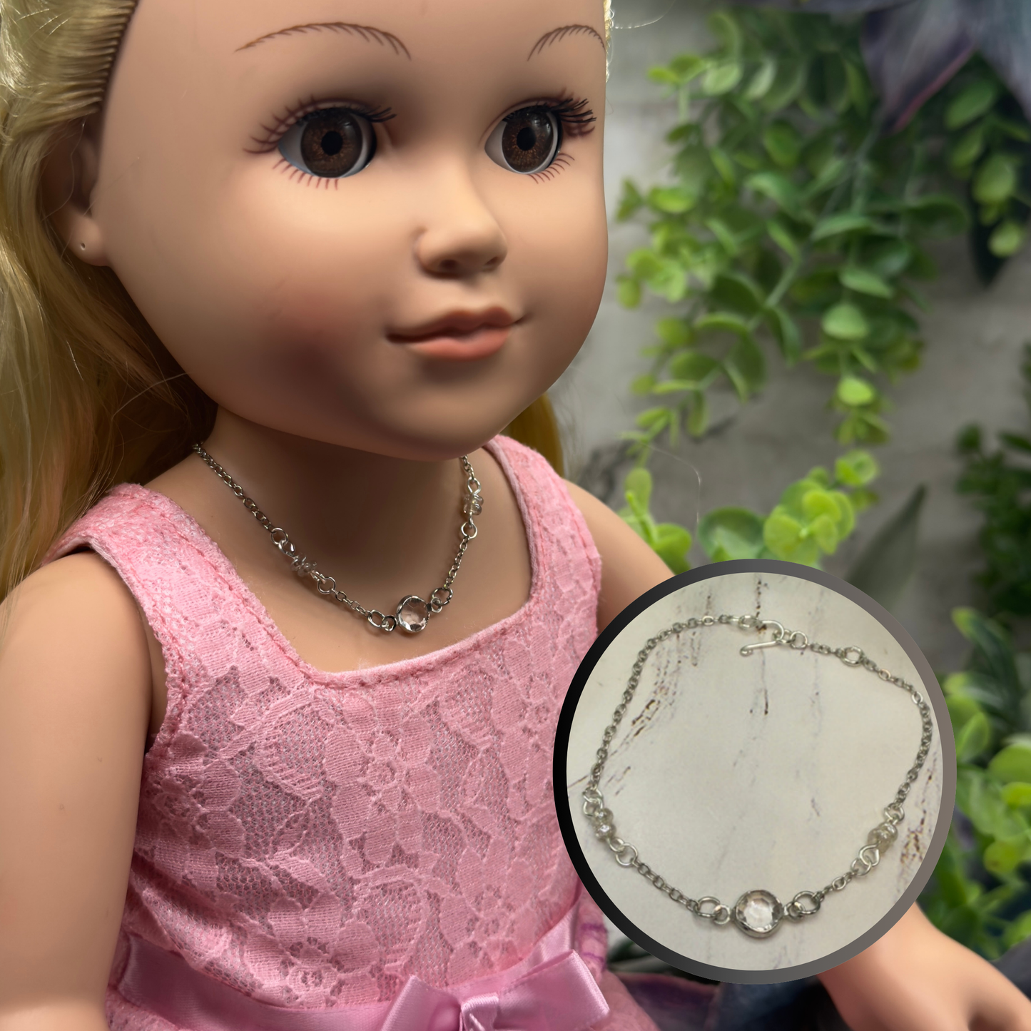 Clear Round Crystal Silver Chain Doll Necklace • 18 Inch Fashion Doll Jewelry