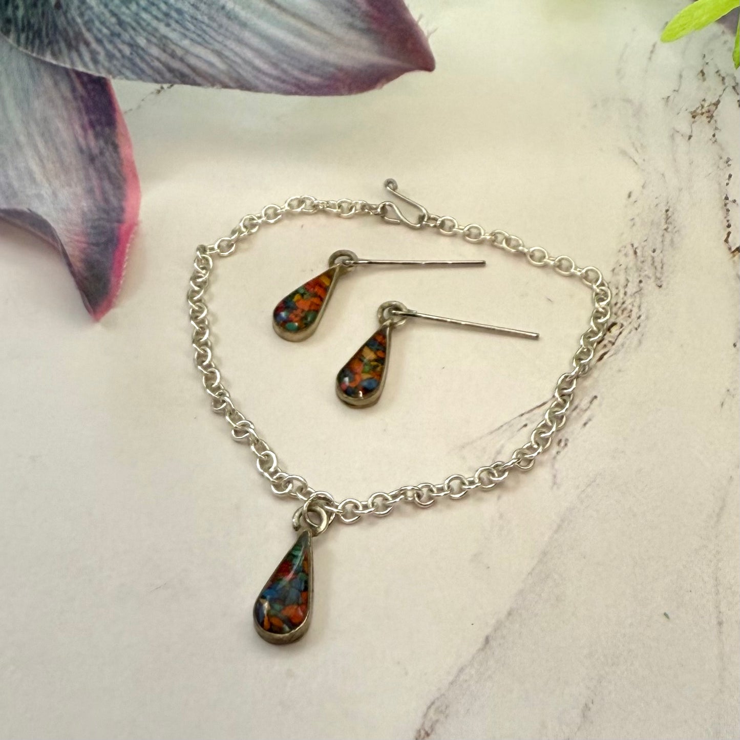 Multi Color Enamel Teardop Shape Necklace & Earrings Set • 18 Inch Fashion Doll Jewelry