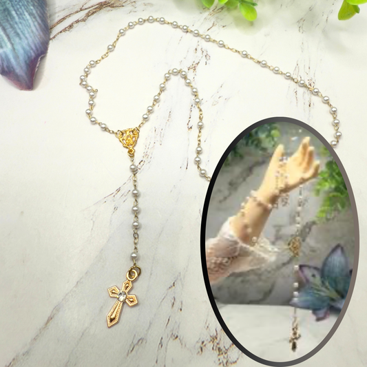 Pearl Beaded Gold Cross Catholic Rosary Doll Size 18-22” Fashion or Vintage Doll