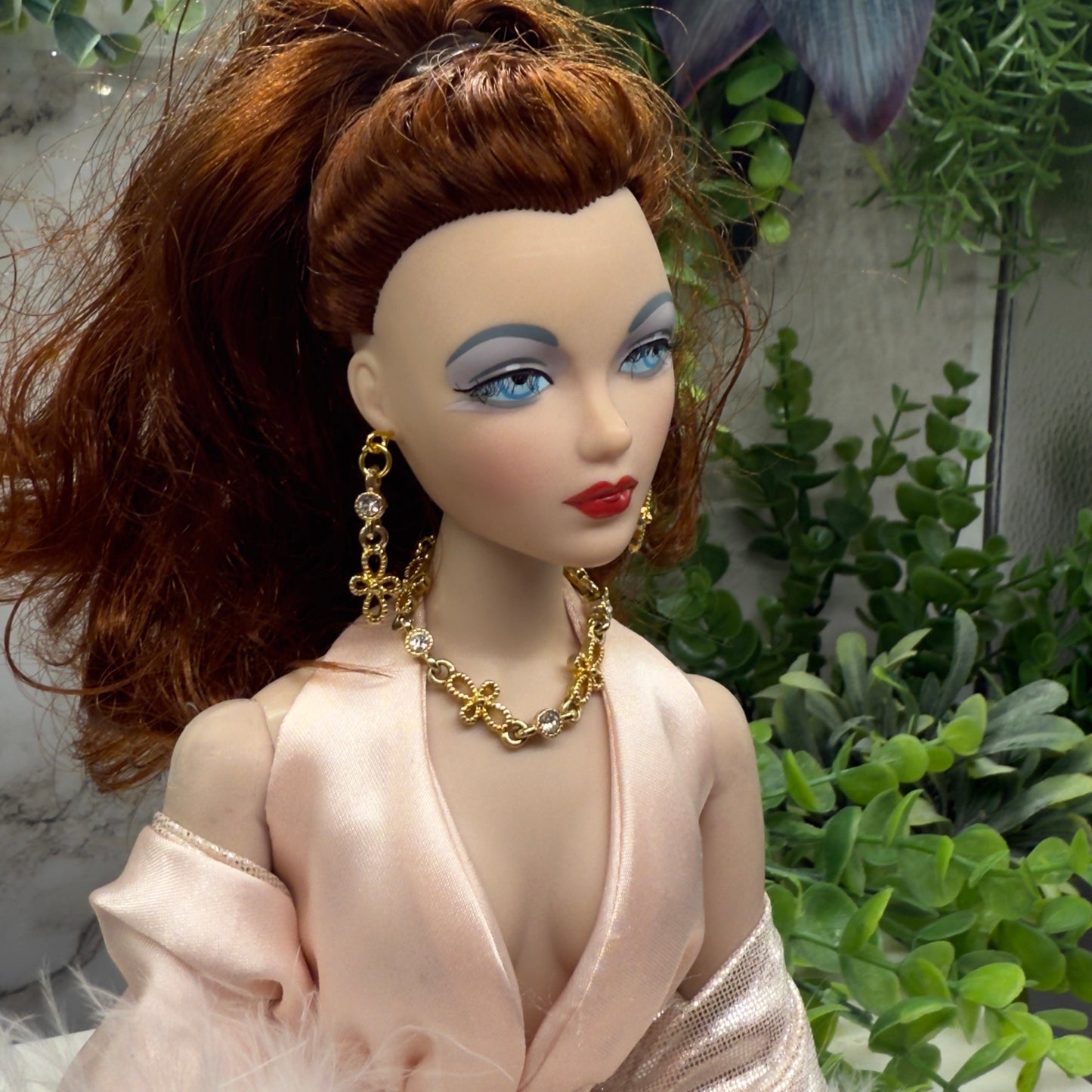 Gold Filigree Cross Clear Rhinestone Doll Necklace Earring Set • 16” Fashion Doll Jewelry