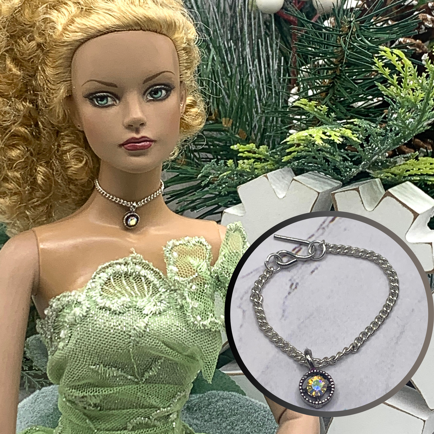 AB Rhinestone Pendant Silver Choker Chain Doll Necklace • 16” Doll Jewelry