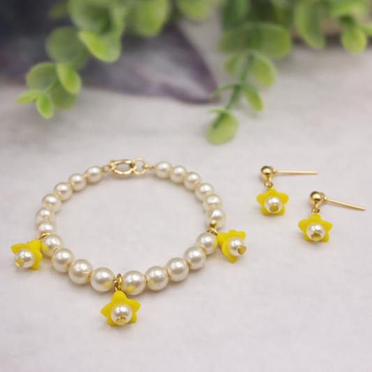 Light Yellow Bell Flower Dangle Pearl Beaded Doll Necklace & Earring • 14 Inch Fashion Doll Jewelry