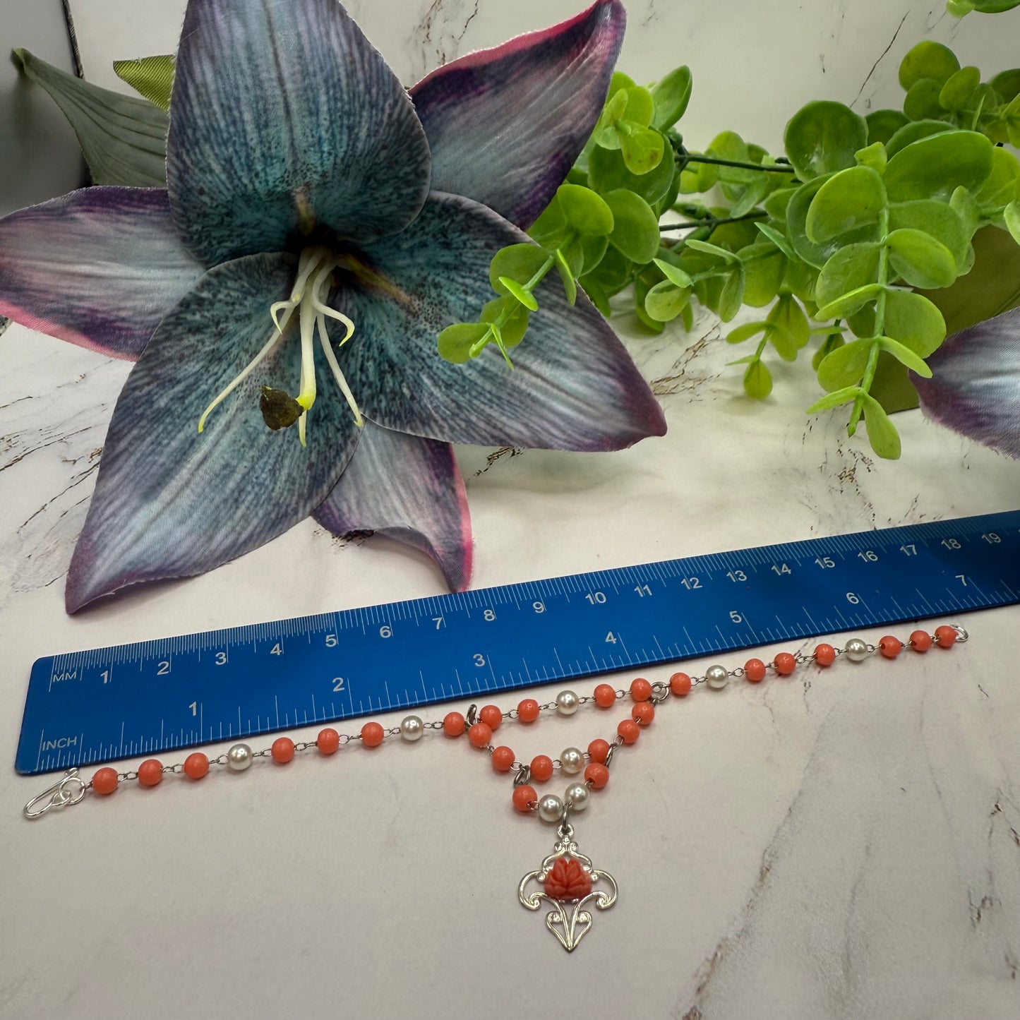 Coral Orange & Pearl Filigree Dangle Silver Doll Necklace & Earrings • 18 Inch Fashion Doll Jewelry