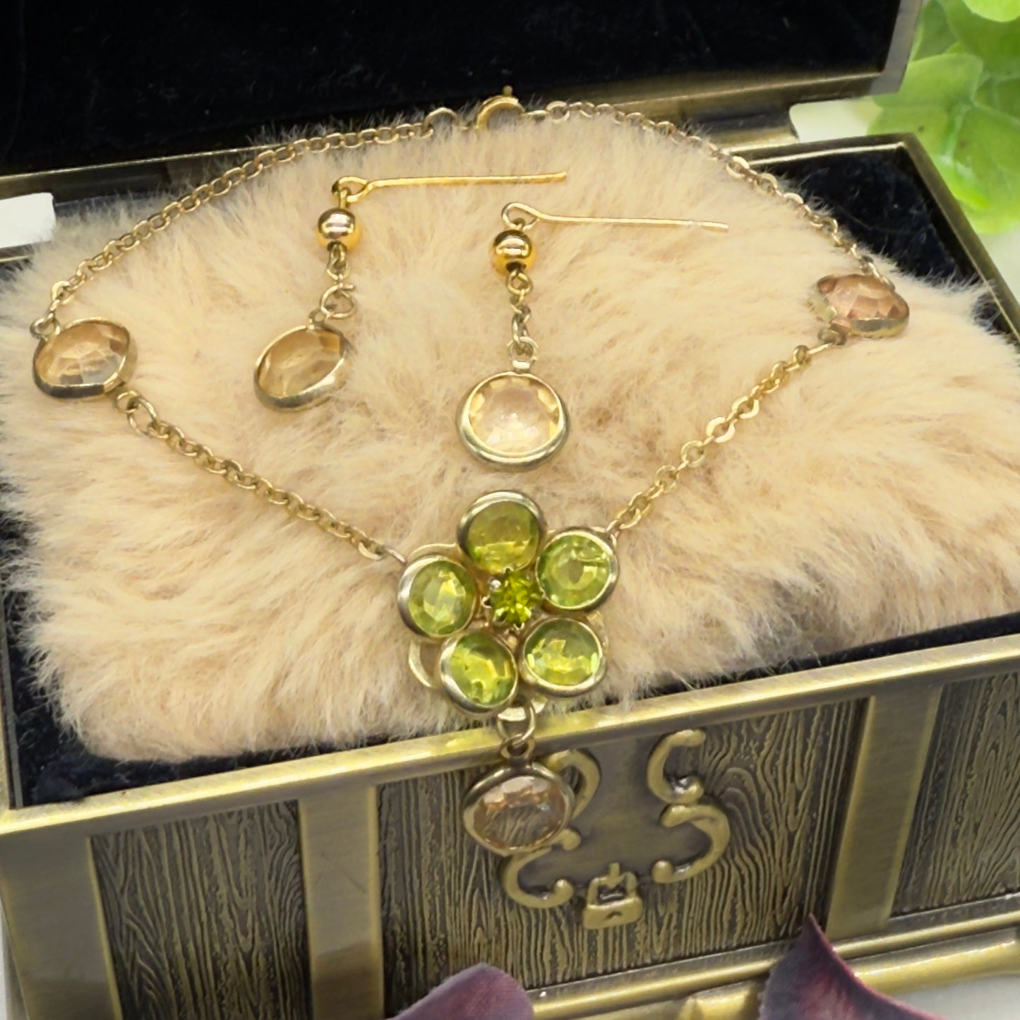 Green Yellow Crystal Flower Doll Necklace Earring Set • 18 Inch Doll Jewelry