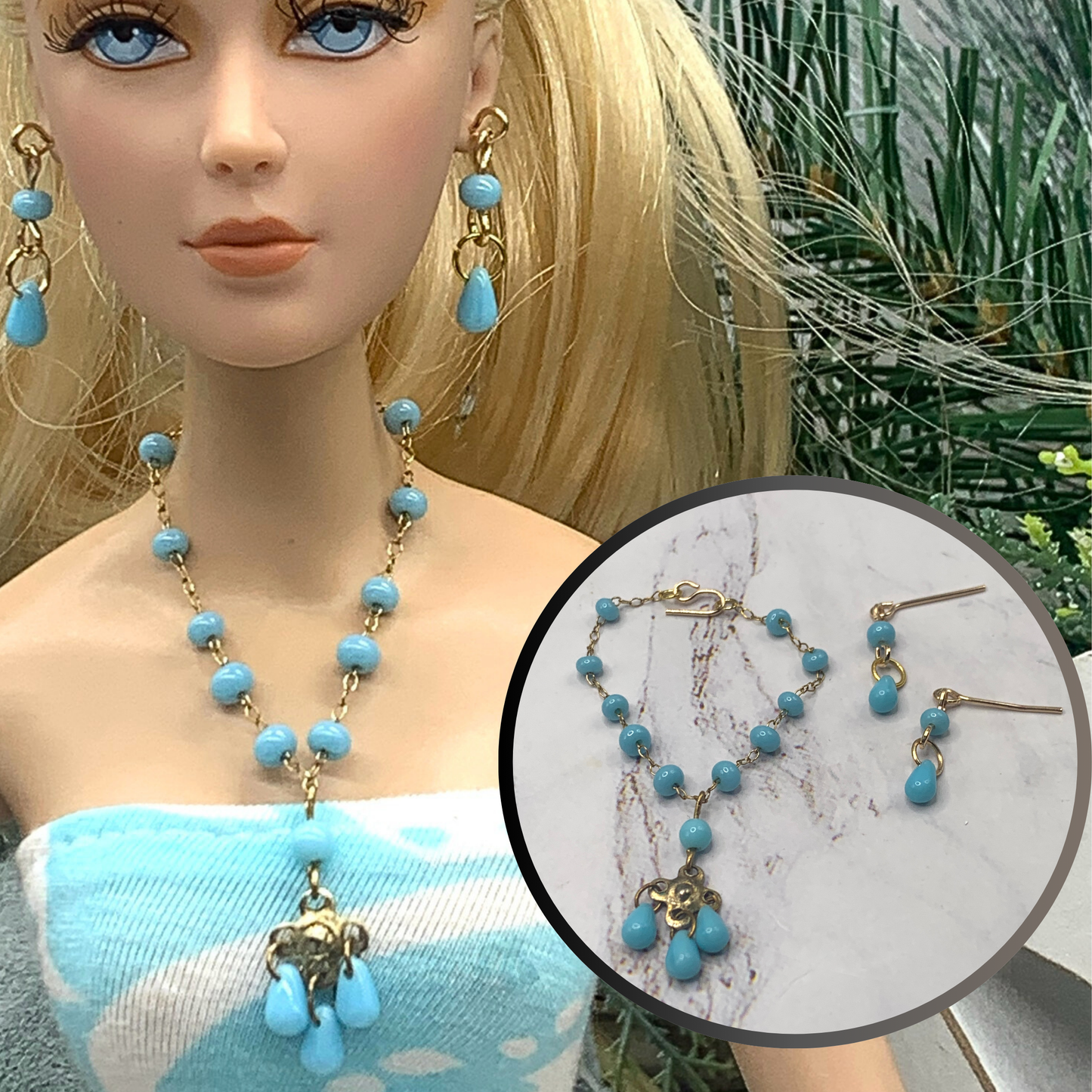 Blue Glass Beaded Pendant Necklace Earring Set • 16 Inch Fashion Doll Jewelry