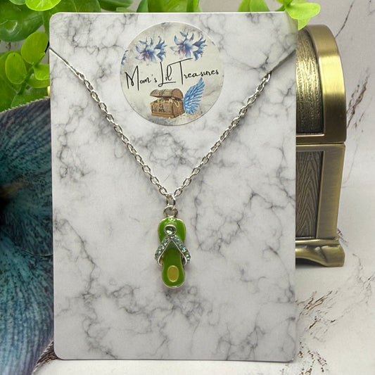 ✨Handmade Doll Jewelry Designed to Fit popular 18 Inch Fashion Dolls: add a little “Summer Fun ☀️” to your favorite doll!✨
Green Enamel Rhinestone Flip Flop Charm Silver Doll Necklace