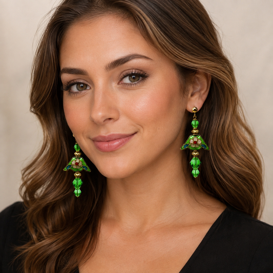 Fashion Green Crystal & Cloisonné Gold Tone Dangle Earrings - Post- Handmade