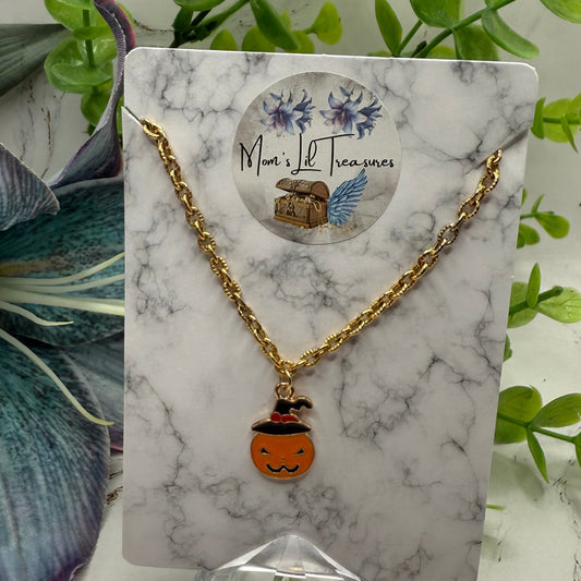 Jack-O-Lantern Halloween Pumpkin Charm Gold Chain Doll Necklace