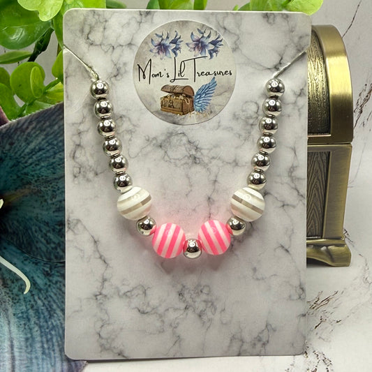 ✨Handmade Jewelry Designed to fit popular 17 to 20 cm (6 to 7 inch) Plushie Labubu Monster Dolls: add a stylish touch to your favorite plushie! ✨
Pink White Striped Ball Beaded Silver Necklace
