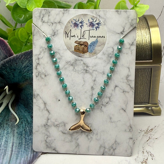 Handmade Doll Jewelry Designed to Fit popular 18 Inch Fashion Dolls: add a stylish touch to your favorite doll. Turquoise Green Glass Crystal Beaded Chain Gold Whale Tail Charm Doll Necklace