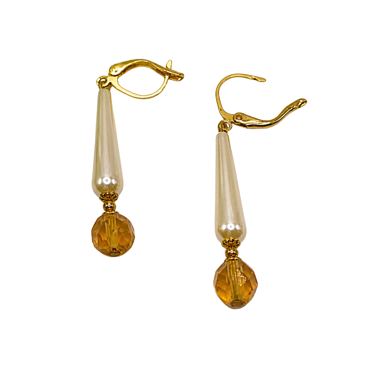 Elongated Teardrop Pearl & Gold Glass Crystal Drop Dangle Earrings - Handmade