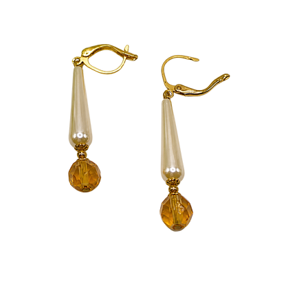 Elongated Teardrop Pearl & Gold Glass Crystal Drop Dangle Earrings - Handmade