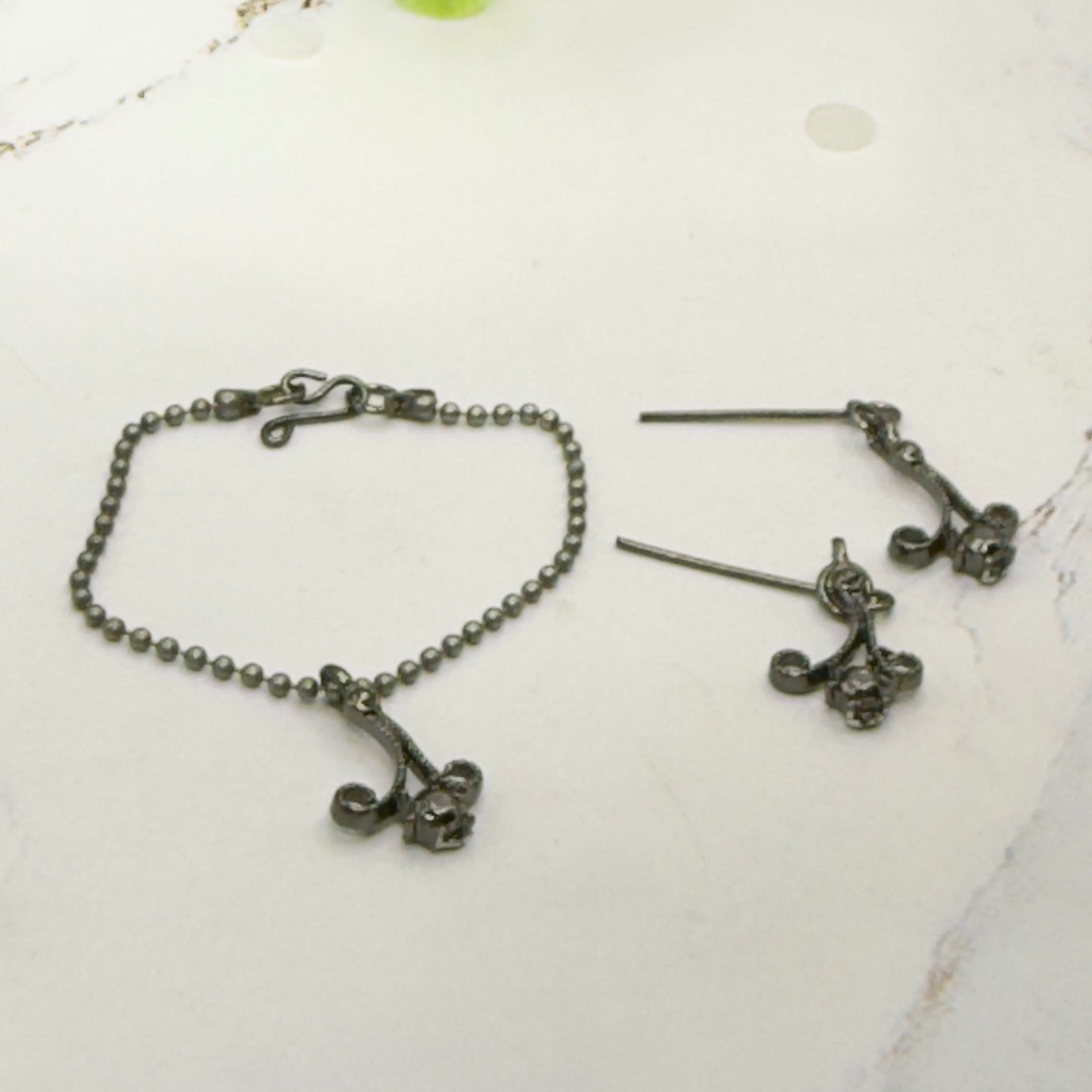 Black Dark Scroll Design Gray Metallic Rhinestone Ball Chain Doll Necklace & Earrings • 16 Inch Fashion Doll Jewelry