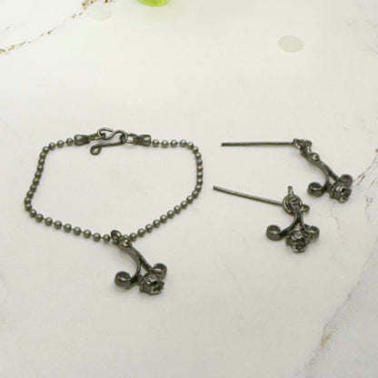 Black Dark Scroll Design Gray Metallic Rhinestone Ball Chain Doll Necklace & Earrings • 16 Inch Fashion Doll Jewelry