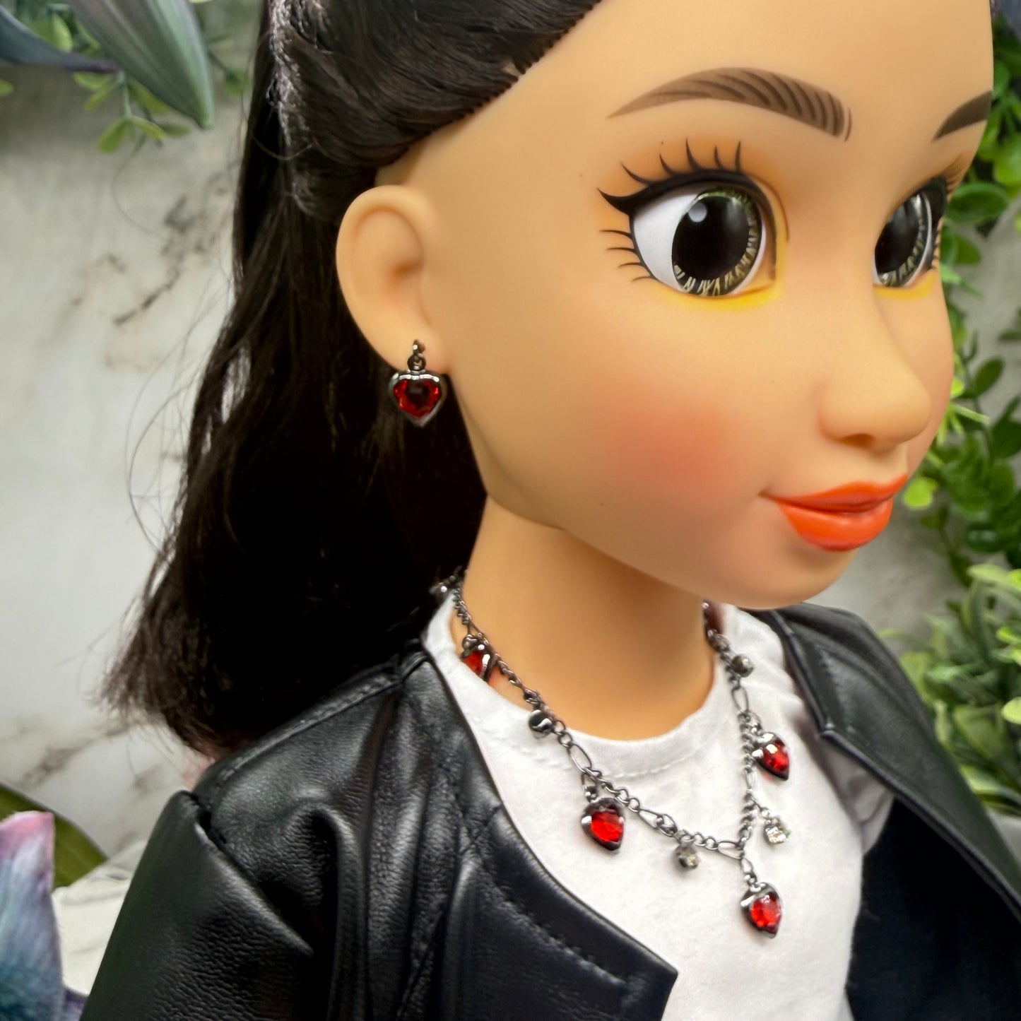 Red Rhinestone Heart Dangles Gunmetal Chain Doll Necklace & Earrings Set • 18 Inch Fashion Doll Jewelry