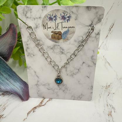 Round Turquoise Rhinestone Pendant Silver Link Doll Necklace • 18 Inch Fashion Doll Jewelry