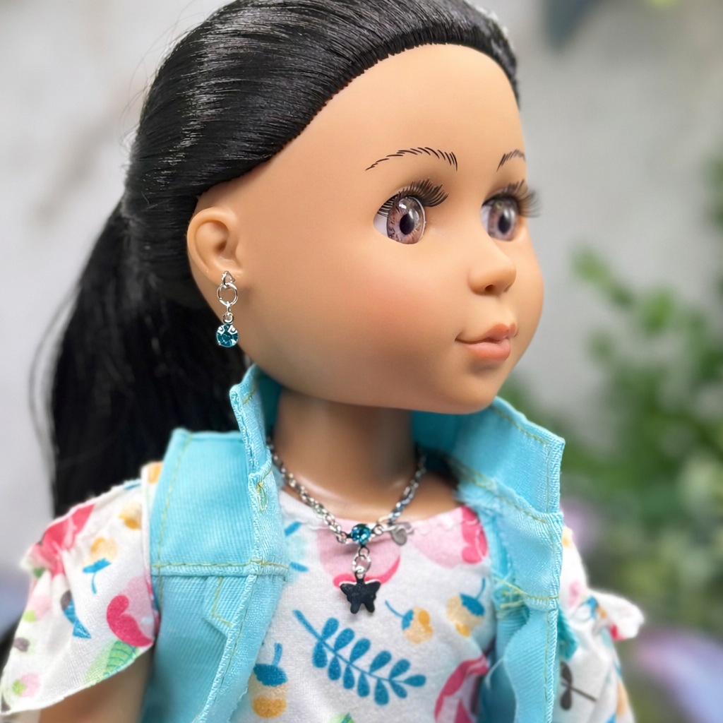 Teal Blue Rhinestone Silver Butterfly Charm Doll Necklace & Earrings Set for 14 Inch Fashion Dolls