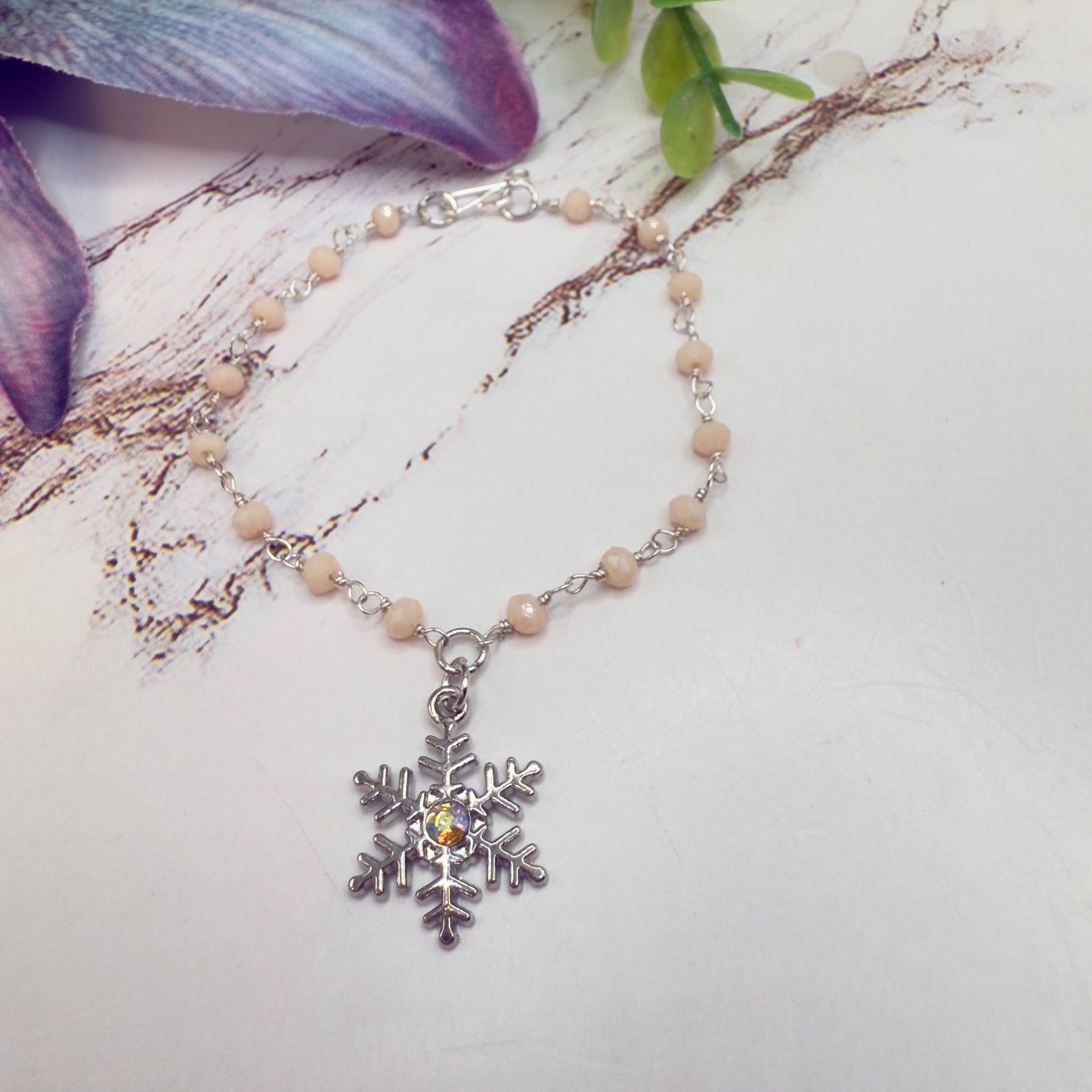 Light Pinkish Beige Glass Crystal Beaded Snowflake Doll Necklace • 18 Inch Fashion Doll Jewelry