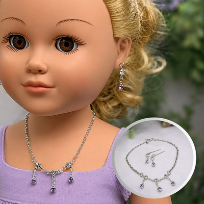 Light Misty Purple & Clear Rhinestone Silver Doll Necklace and Earrings Set for 18 Inch Fashion Dolls