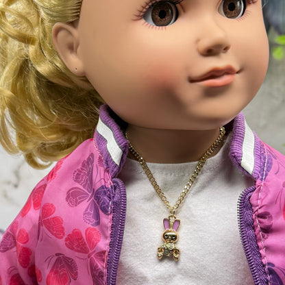 Bunny Purple & Green Enamel Detail Charm Doll Necklace Easter • 18 Inch Fashion Doll Jewelry