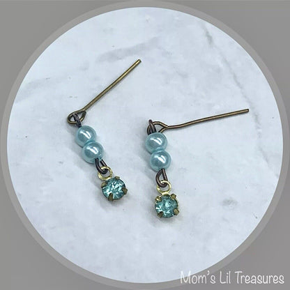 Turquoise Pearl Rhinestone Pendant Doll Necklace Earring Set • 18” Doll Jewelry