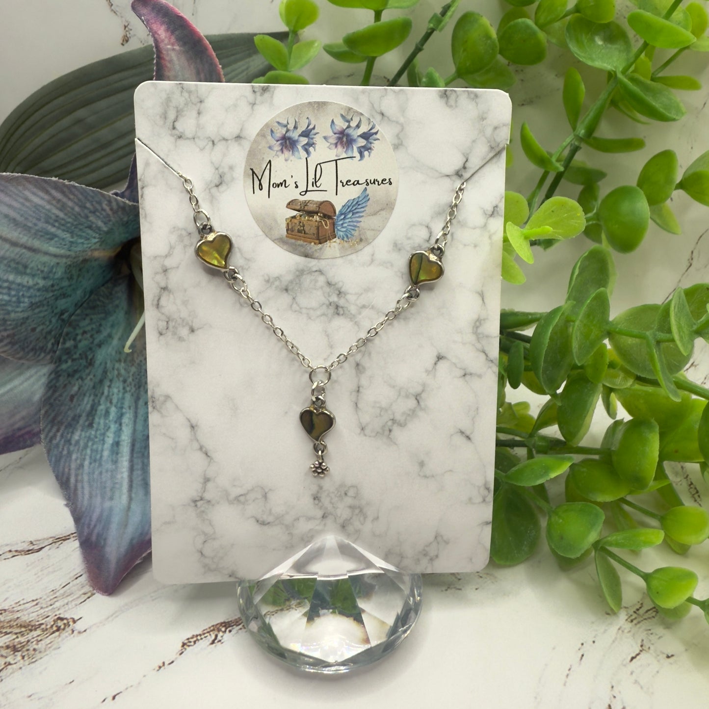 Green Multi Tone Abalone Heart Charm Y-Style Doll Necklace • 18 Inch Fashion Doll Jewelry