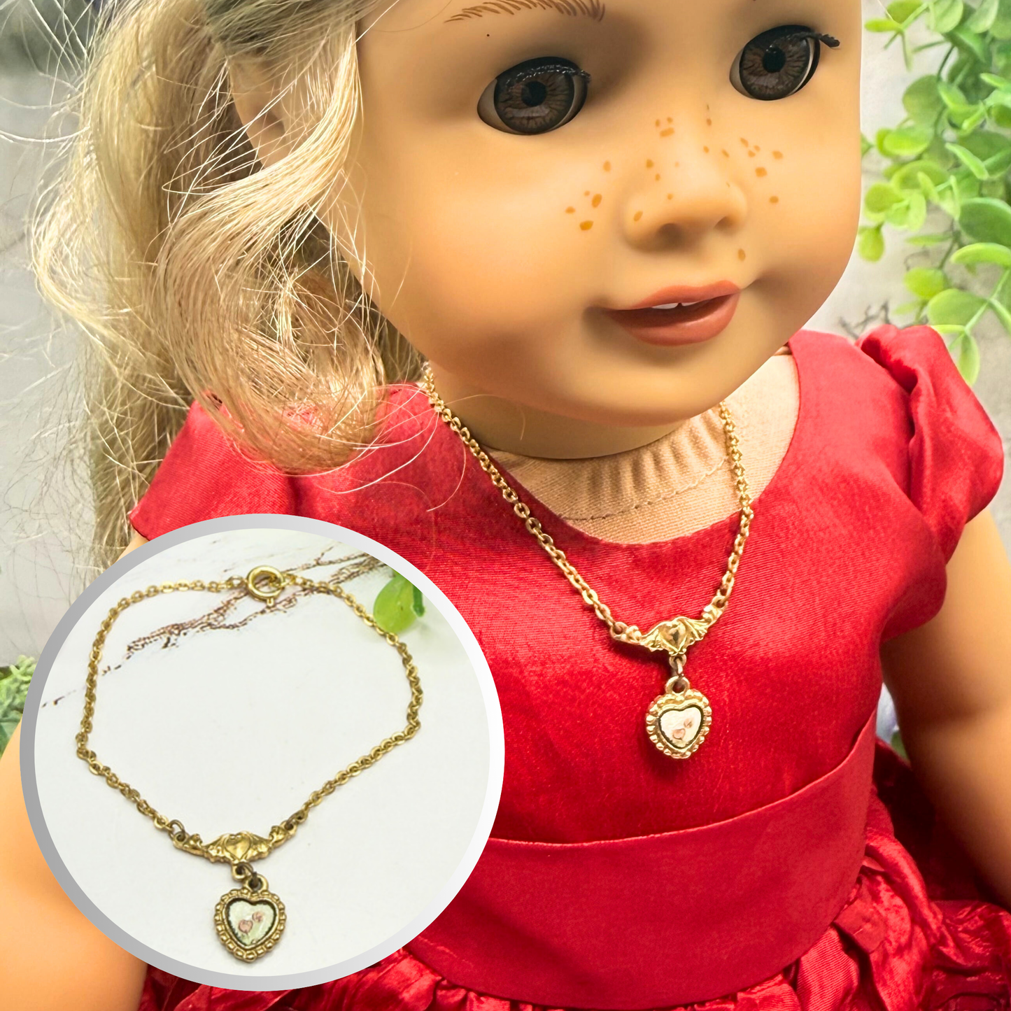 Gold Chain Enamel Rose Design Heart Pendant Doll Necklace • 18 Inch Fashion Doll Jewelry