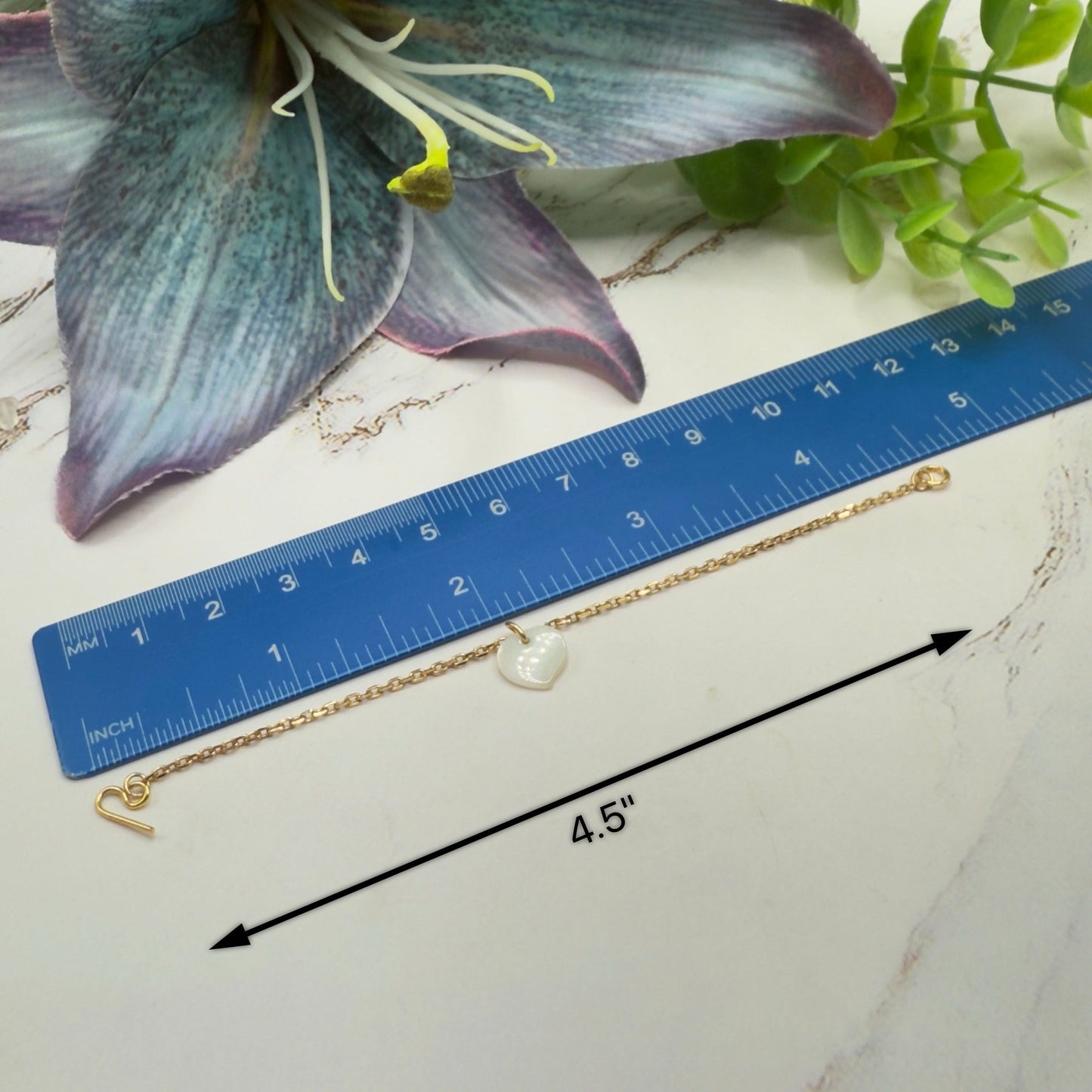 Mother of Pearl Heart Charm Gold Chain Doll Necklace • 14 Inch Doll Jewelry