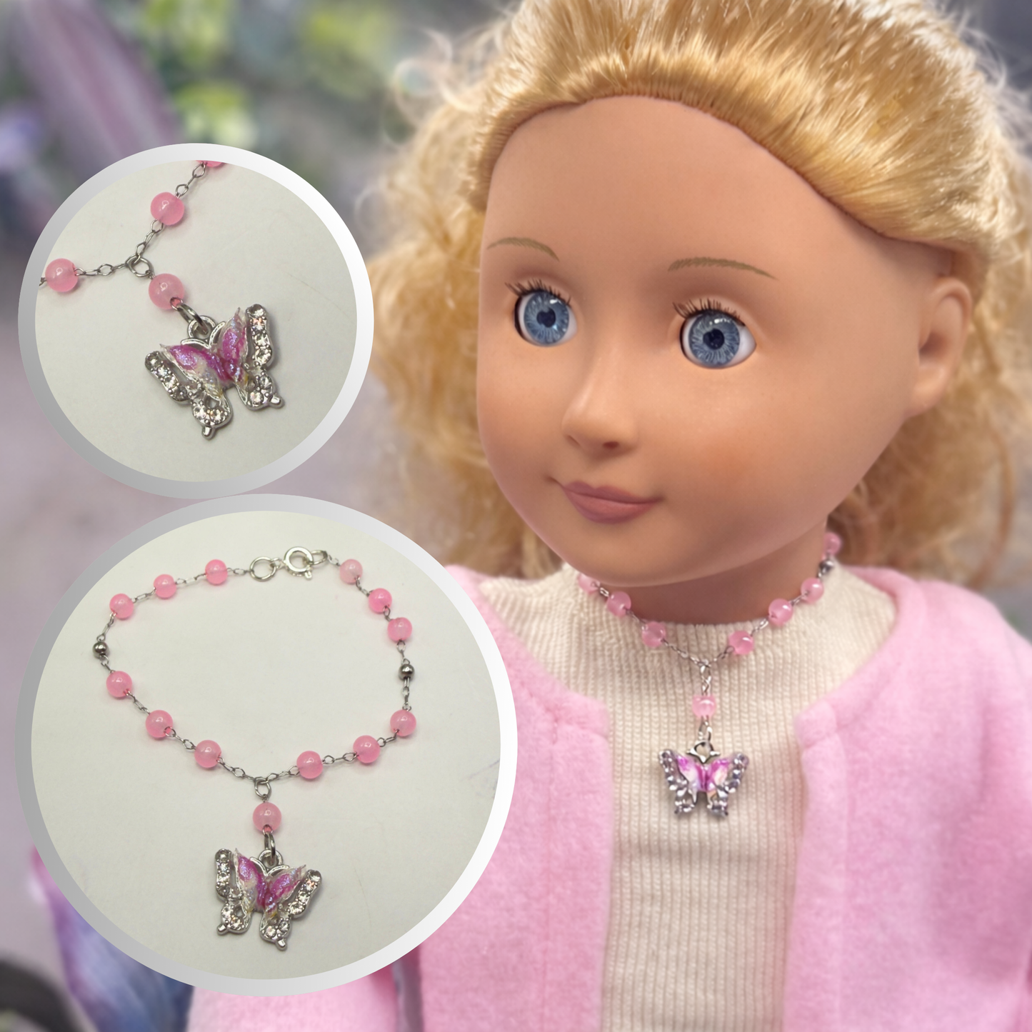 Translucent Pink Bead Butterfly Charm Doll Necklace • 18 Inch Fashion Doll Jewelry